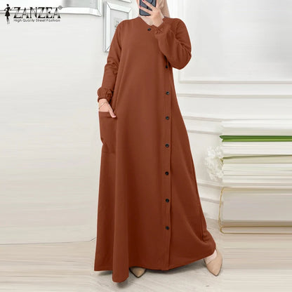 ZANZEA Muslim Casual Loose Long Dresses Textured O Neck Buttons Long Sleeve A-line Vestidos Women 2024 Islamic Hijab Abaya Robes.