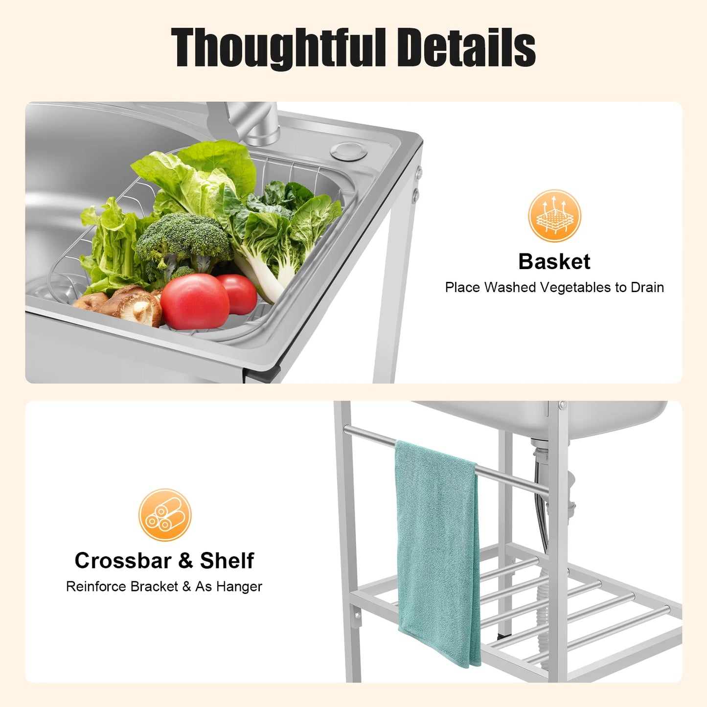 Edelstahl-Waschbecken mit Korb, einzelne Schüssel, kommerzielles Waschbecken, freistehendes Kalt- und Warmwasserhahn-Waschbecken für Küchen, Waschräume, Bars