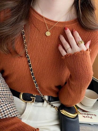 2025Oansatz Rippen Langarm Koreanische Dünne Weibliche Pullover Frauen Pullover Stricken Weiche Jumper Tops Geraffte Herbst Winter Tops