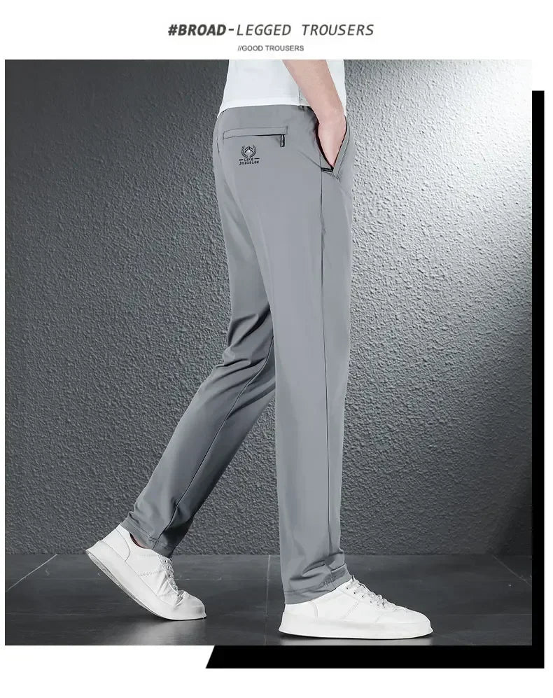 2024 Summer Soft Ice Silk Fabric Men's Thin Casual Pants Korean-style Fashion  Straight High Stretch Trousers Male Luxury Brand.