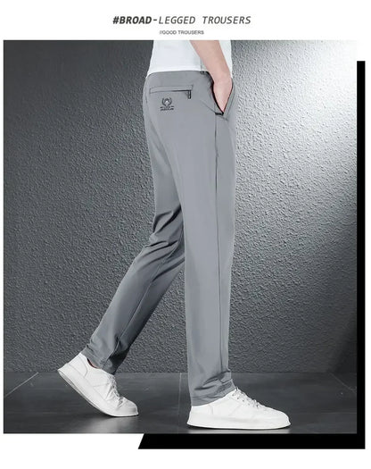 2024 Summer Soft Ice Silk Fabric Men's Thin Casual Pants Korean-style Fashion  Straight High Stretch Trousers Male Luxury Brand.