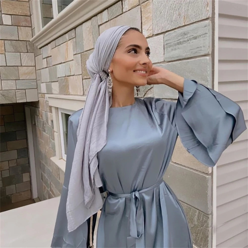 Ramadan Eid Gray Satin Abaya Damen Dubai Islam Muslim Women Dresses Kebaya Kaftan Robe Vestidos Musulmanes Caftan Marocain Femme.