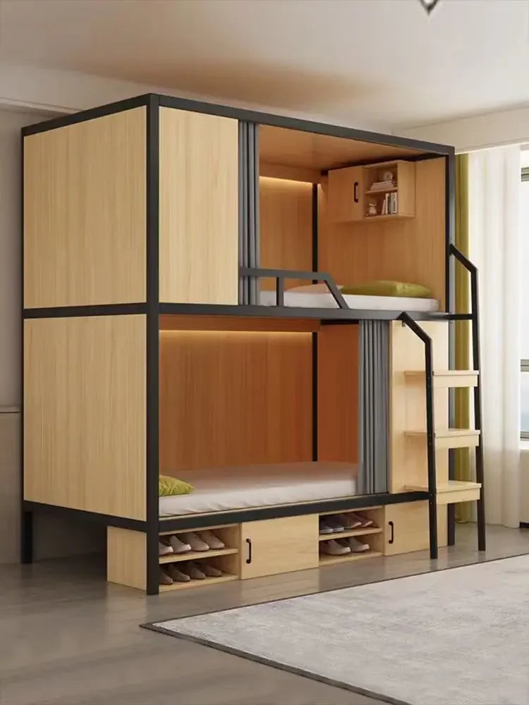 Obere und untere Etagenbetten, Schulwohnheim, Apartmentbett, Jugend, Hostel, Raumkapsel, All-Inclusive-Bett, Stahl, Holz, kombiniert, Mutter