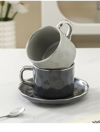 230ml European Style Coffee Cup with Saucer and spoon Ceramic mug Solid Color Tea Cup and Saucer Set Afternoon Tea Milk Cup.