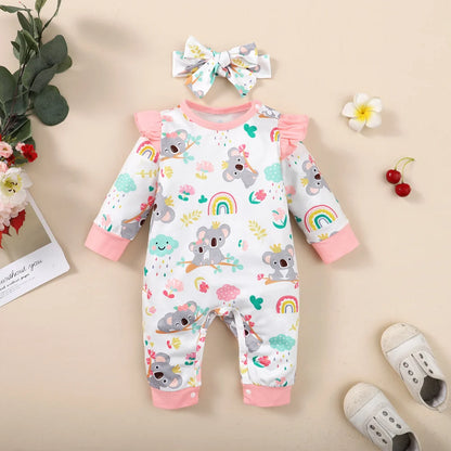 Neugeborenes Baby-Body für Mädchen, süßer kleiner Koala-Body + Stirnband, 2 Stück, passend für 1–12 Monate, Baby-Frühlings- und Herbst-Crawler-Anzug