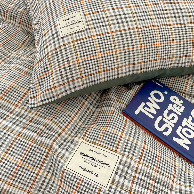 Nordic Plaid Pattern Wash Cotton Bedding Set Duvet Cover Pillowcase Bed Sheet Set Comforter Cover Bed Linens Set Queen King Size.