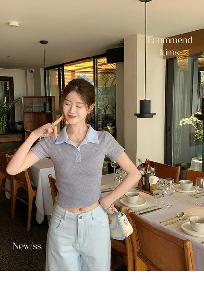 Women's Slim Fit Short Sleeve Polo Shirt Summer New Color Collision Design Red T-Shirt Top Fashionable Casual Business Wear