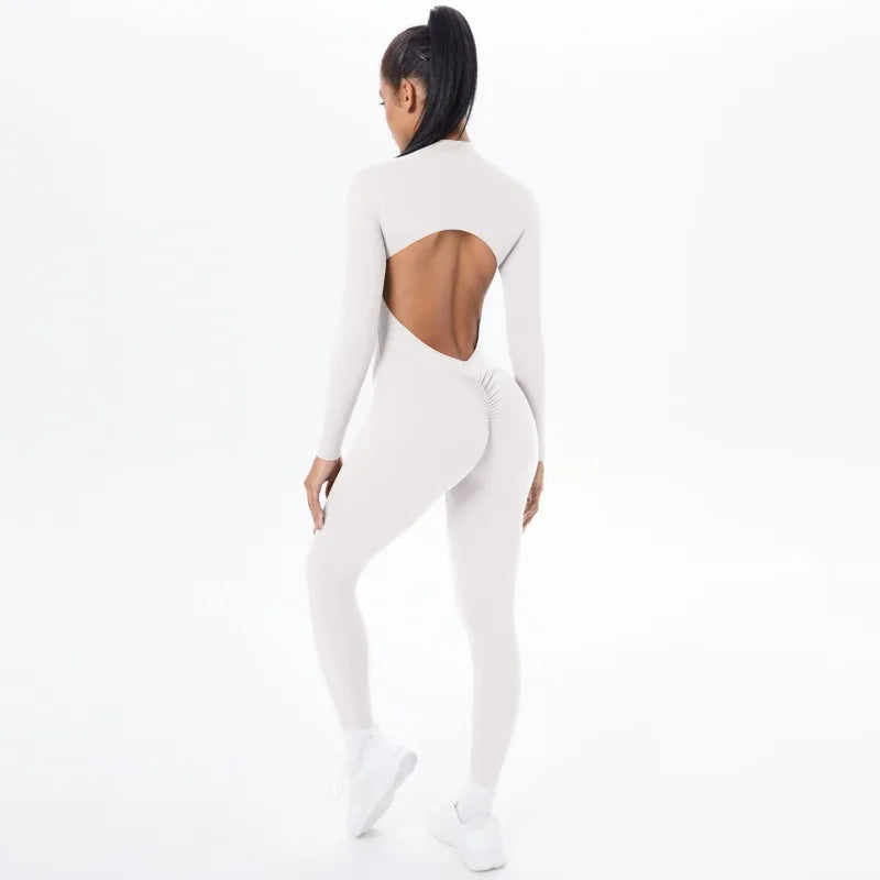 Women's Long Yoga Bodysuit with Half-Zip Sexy Back & Butt Lift for Fitness Running Outdoor Sportswear.