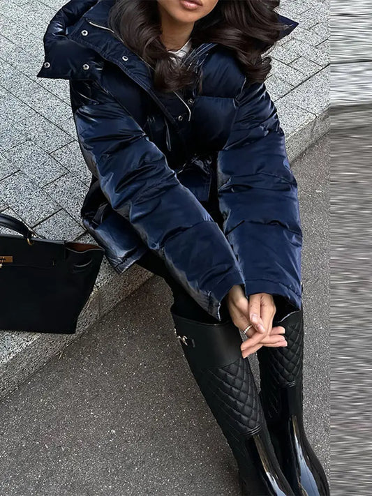 Frauen Glänzend Herbst Winter Mit Kapuze Baumwolle Gefütterte Jacke Lose Lange Hülse Spitze Up Warme Mantel 2025, Neue Dame Mode Party outwear