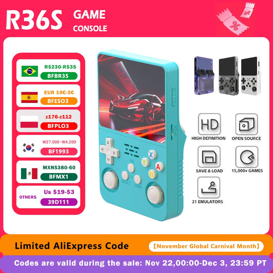 R36S Retro Handheld Video Game Console Linux System 3.5-inch IPS Screen Portable Handheld Video Player 64GB 15000 Games.