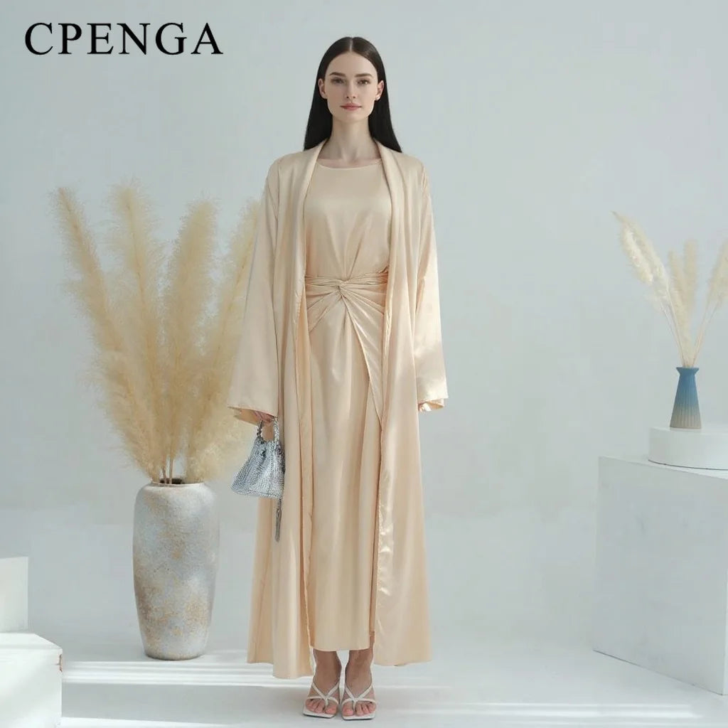 Middle Eastern 3-Piece Islamic Clothing Set for Women Ramadan Dubai Modest Abaya Muslim Hijab Dress 2025 Plain Turkey Kaftan.