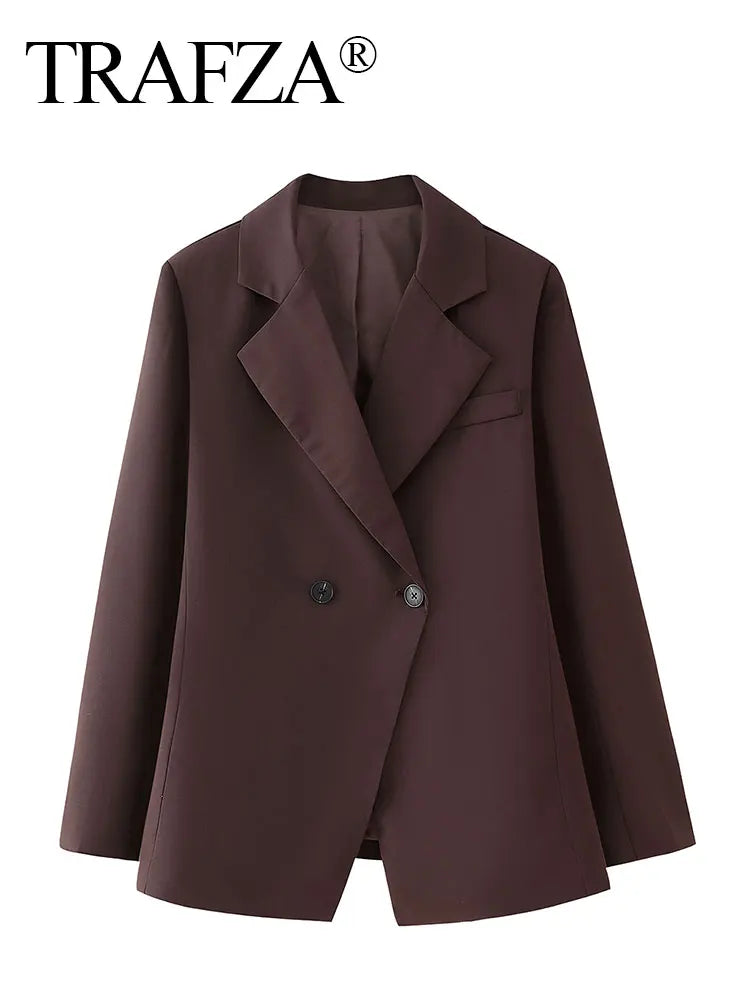 TRAFZA Frauen Elegante Feste Revers Zwei Tasten Anzug Jacke Mode Lange Hülse Dünne Kurze Mäntel 2024 Neue Casual Büro Dame Blazer