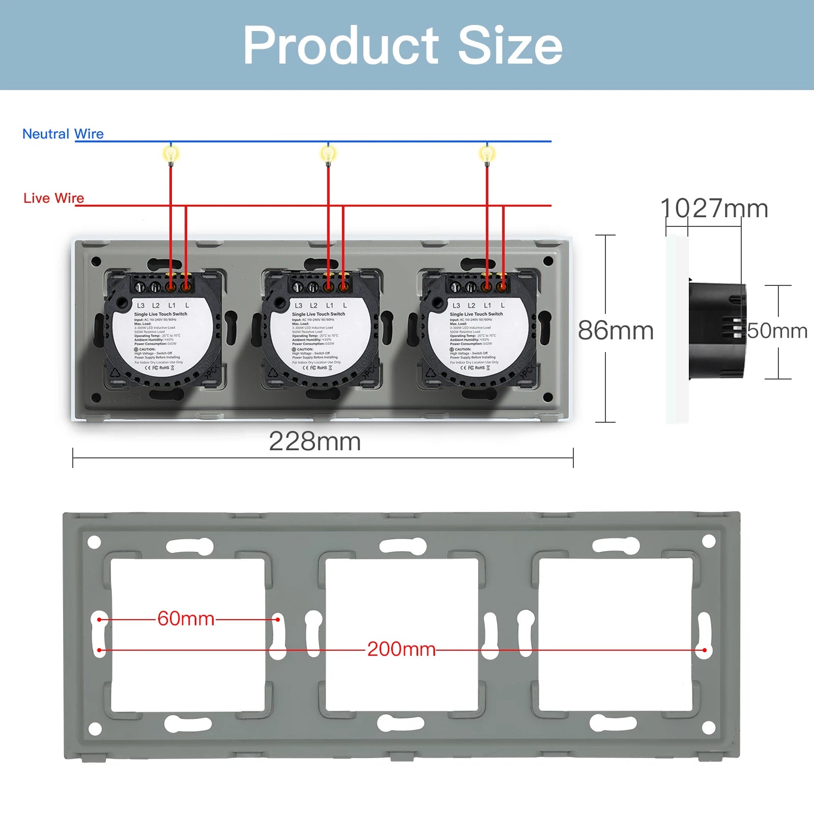 BSEED Touch-Schalter, 1/2/3 Gang, 1-Wege-Wandlichtschalter, blaue LED-Hintergrundbeleuchtung, Glas, Sensorbildschirm, Heimschalter, Weiß, EU-Standard.