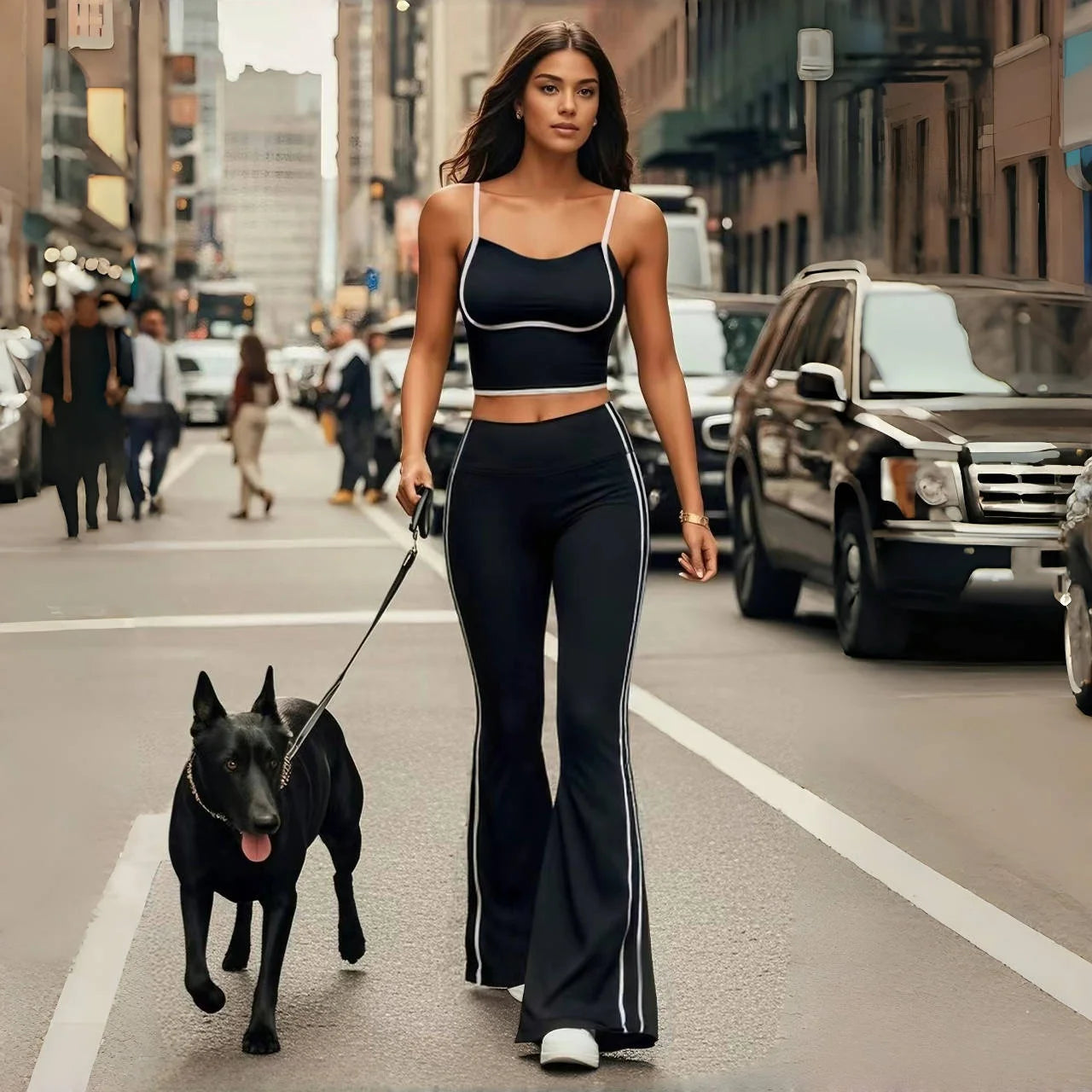 2025 New Striped Fashion Yoga Set Women Gym Clothes Sexy Sports Bra High Waist Yoga Flared Pants Running Hip Lift Fitness Pants.