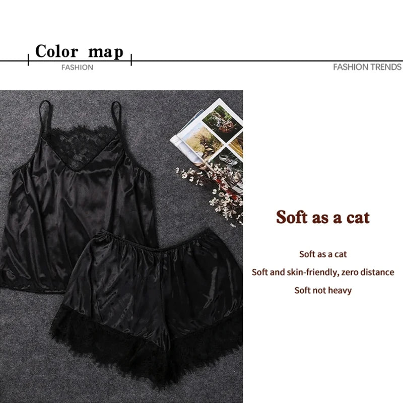 Frauen Eis Seide Pyjamas Nachtwäsche Pyjama Set Nachthemden Nachthemd Leibchen Shorts Schwarz Rot L XL Spitze Casual Sexy Glatte.