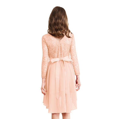 Elegantes Spitzen-Partykleid für Kinder, Mädchen, Chiffon, Spleißen, langärmelig, Kleid mit hohem und niedrigem Saum und Strass-Schärpe für Hochzeit, Geburtstag