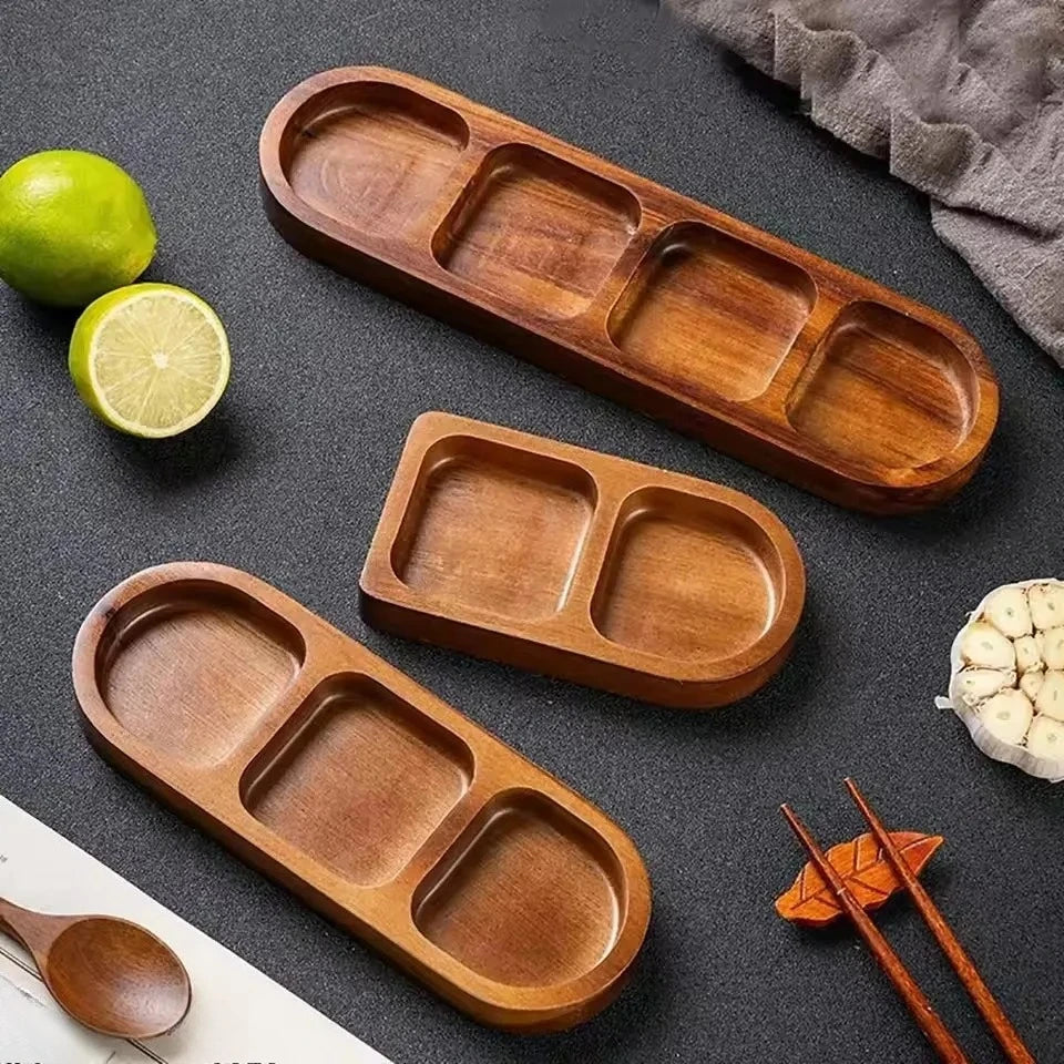 Seasoning Wood Snack Plate with Compartments 2/3/4 Grids Fruit Snacks Food Storage Trays Sauce Plate Kitchen Accessories 일본 주방용품