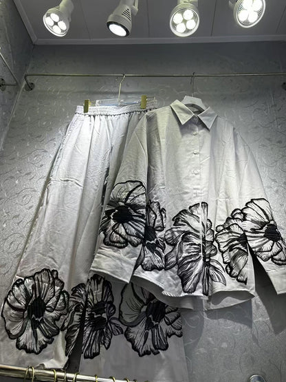 TWOTWINSTYLE Hit Color Loose Casual Two Piece Set For Women Lapel Long Sleeve Loose Top High Waist Temperament Pant Sets Female.