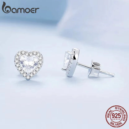 BAMOER Gold Plated Halo CZ Stud Earrings 925 Sterling Silver Hypoallergenic Classic Elegant Heart Earrings Jewellry BSE894.