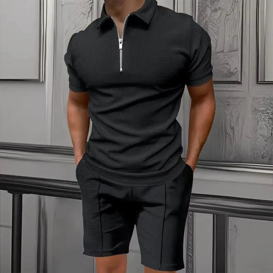 Men's Comfortable Short-Sleeved Waffle Polo Shirt And Shorts Set - Breathable Lightweight Spring/Summer Clothing.