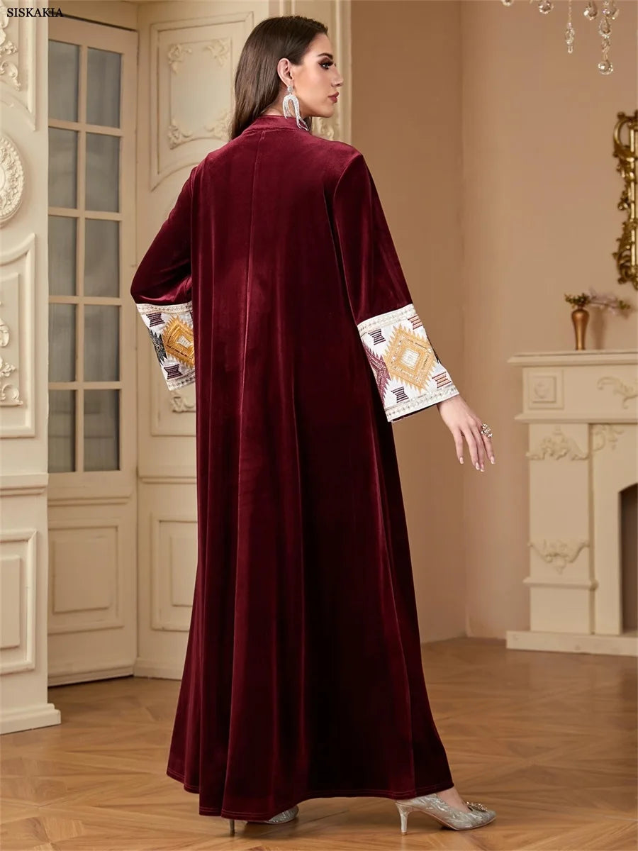 Siskakia Ramadan Muslim Notched Stand Collar Tassel Long Dresses For Women  Loose Elegant Kebaya Patchwork Sleeve Abayas.