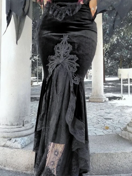 AltGoth Vintage Gothic Dark Velvet Dress Women Fairycore Grunge Lace Patchwork Trumpet Skirt Streetwear Partywear Emo Alt Skirts.