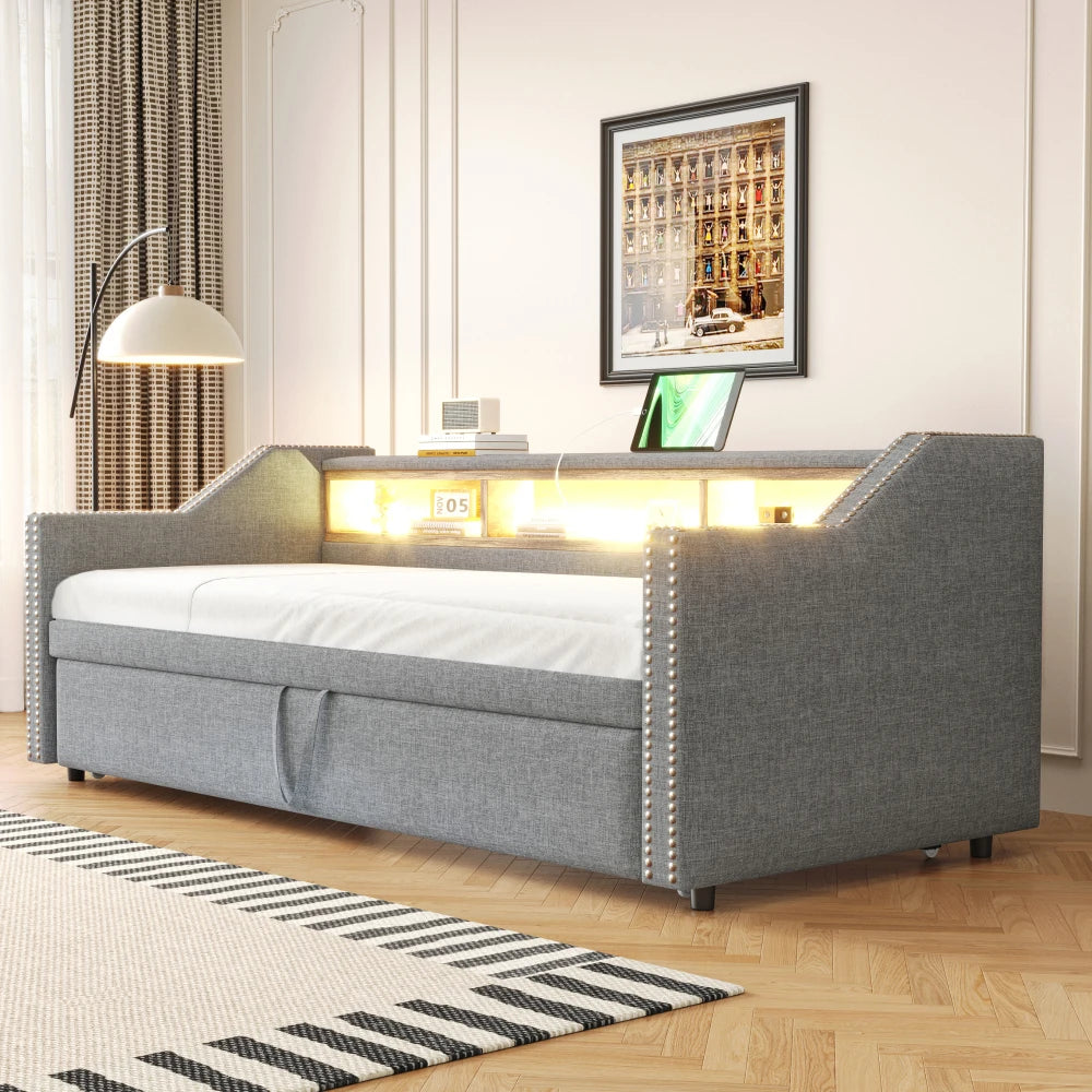 Ausziehbares Schlafsofa 90/180 x 190 cm, multifunktionales Aufbewahrungsfach, LED-Licht und USB-Buchse, mit Gitter, Dunkelgrau