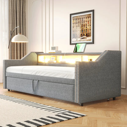 Ausziehbares Schlafsofa 90/180 x 190 cm, multifunktionales Aufbewahrungsfach, LED-Licht und USB-Buchse, mit Gitter, Dunkelgrau