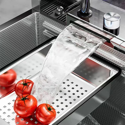 Stainless Steel Silver Kitchen Sink Multifunction Waterfalls Intelligent Digital Display Faucet Household Large Single Slot