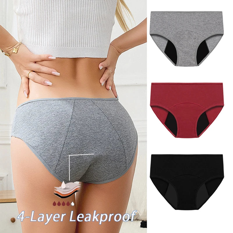 Women's Physiological Briefs 4-Layer Absorbent Leakproof Menstrual Pantie Euro Size Girl Period Panty Mid Waist Cotton Underwear.