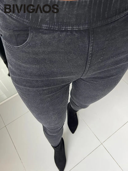 BIVIGAOS Fashion Women Basic Casual Slim Stretch Denim Jeans Leggings Pencil Pants Thin Skinny Jeggings Korean Womens Clothing.