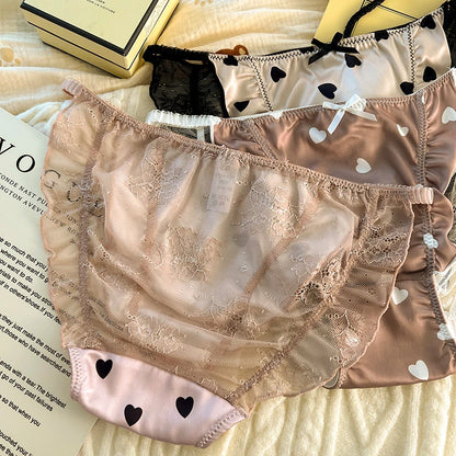 Sexy lingerie women Satin tangas lace ropa interior femenina sweet calzones para mujer plus size panties heart underwear women.