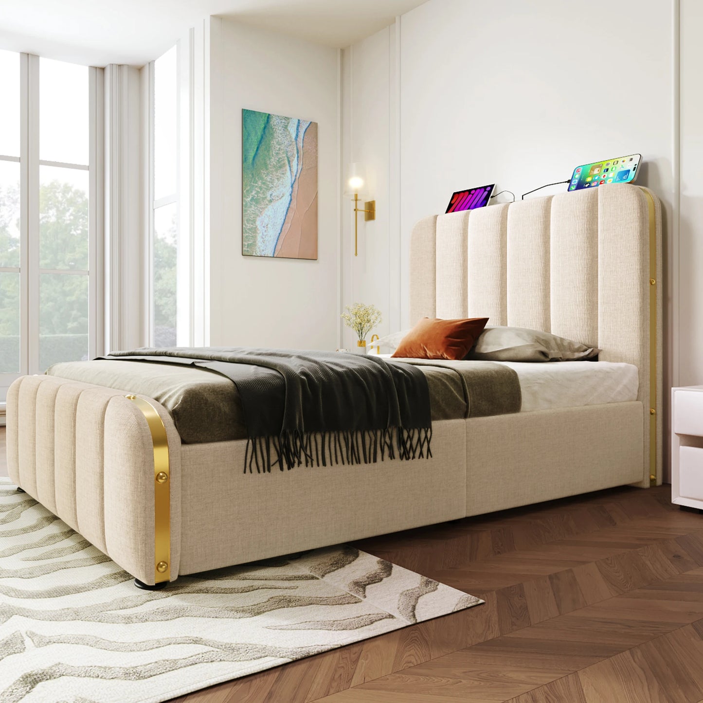 90*200 cm Flachbett, Rahmenbett, Polsterbett Einzelbett, mit gepolstertem Kopfteil, hydraulisches Stauraumbett (mit Matratze)