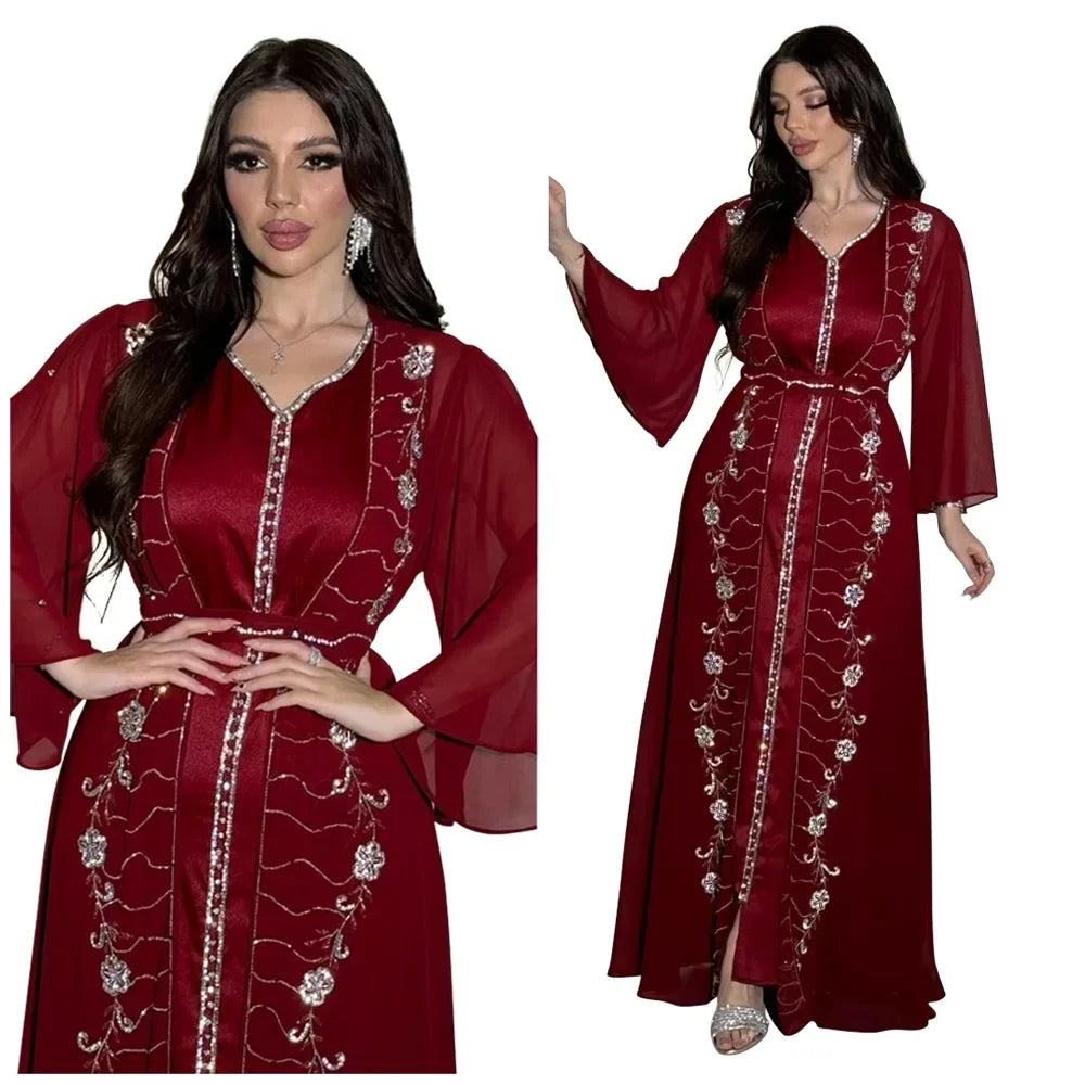 Muslim Set Dress Women Four-season Commute Muslim Set Fashion Party Dubai Turkey Long Sleeve Chiffon Cardigan Dress and Vest 2ps.