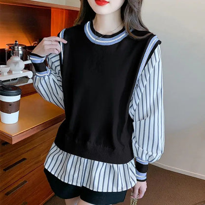 Autumn Preppy Style Patchwork O-neck Fake Two Pieces Top Tee Female Casual Striped Long Sleeve Sweatshirts Women Clothes Tshirt