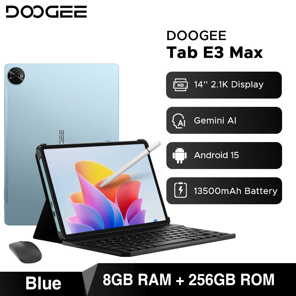 DOOGEE Tab E3 Max Tablet PC Android 15 Gemini AI Quad Speakers 14'' 2.1K Display 32GB(8+24) RAM 256GB ROM 13500mAh Battery Pad