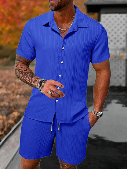 Lazy Street Style Vertical Stripe Slimming Shirt Shorts Two-piece Set No Need To Pair With Autumn Men's Thin Knit Sports Suit