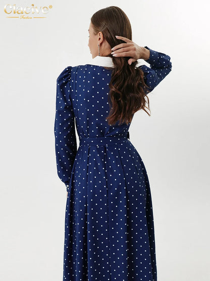 Clacive Mode Lose Druck Frauen Kleid 2025, Casual Revers Langarm Büro Dame Midi Kleider Elegante Klassische Gürtel Weibliche Kleid