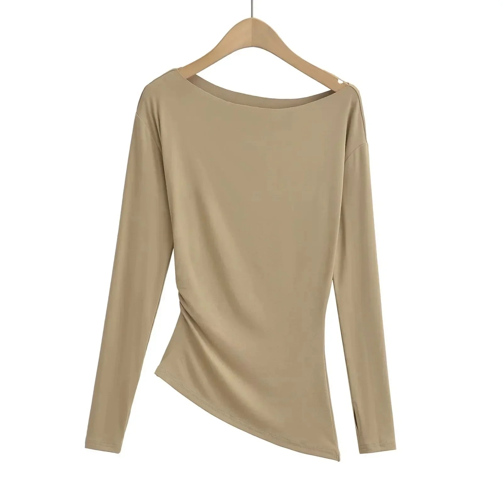 Long Sleeve One Shoulder T-Shirt Zhang Lu Si Spicy Girl Pleated Slimming Versatile Top Cotton Made in China Full Sleeve.