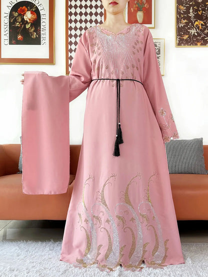 2025Fashion Dubai Diamond Muslim Women Modest Dress Elegant Arabic Femme Hijab Long Sleeve Chiffon Abaya Islamic Turkey Clothing