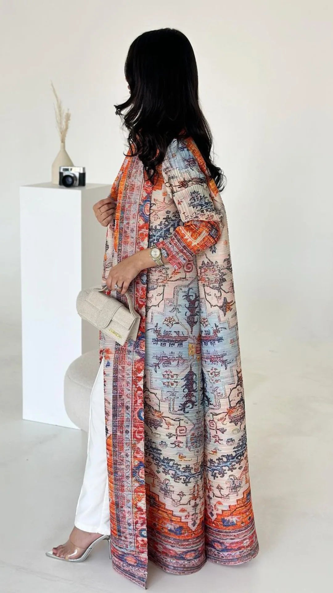 Abaya Miyake Pleated Printed Robe Jacket Arabian Dubai Style Women's Long Sleeve Conservative Demure Muslim Trench Coat 55inches.