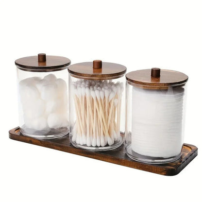 Transparent Acrylic round Wood Lid Cotton Swab Box Plastic Small Organizer Box Makeup Remover Cotton Storage Box Set.