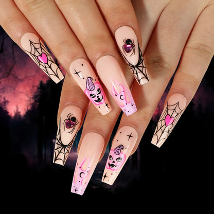 24pcs Sliver Spider Design Fake Nail Halloween Gothic Punk False Nail Tips Wearable European Heavy Metal Almond Press on Nails.
