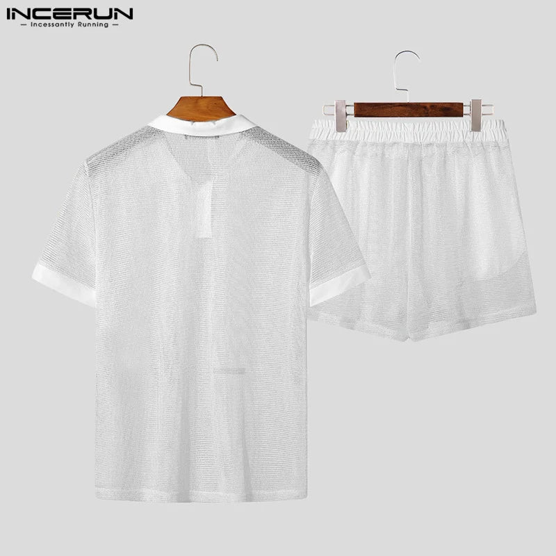 Men Short Sets Fashion Hollow Out INCERUN Two-piece Suits  Men's Sets Streetwear Short Sleeve Tops Shorts Men's Clothing Summer.