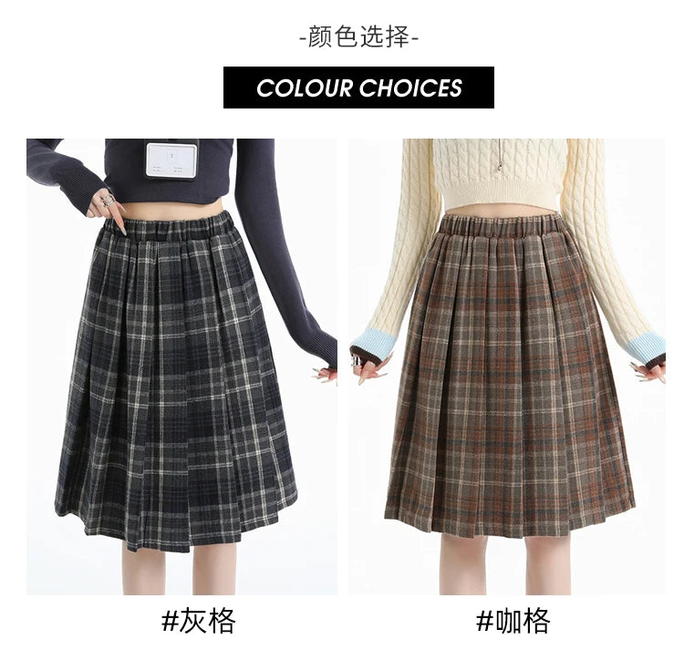 Preppy Style Woolen Pleated Plaid Skirt Women Fall Winter Retro Elastic High Waist Skirts Female Japanese A Line Faldas 2025 New.