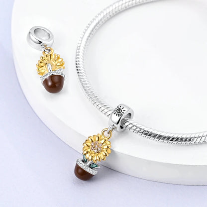 Flowers Series 925 Sterling Silver Sunflowers Tulip Carnation Charms Fit Original Bracelet  For Women Jewelry Making.