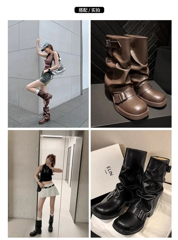 Pleated Buckle Knight Boots for Women Autumn Brown PU Leather Mid Calf Boots Woman Slip-On Thick Heel Riding Botas Mujer 2024.