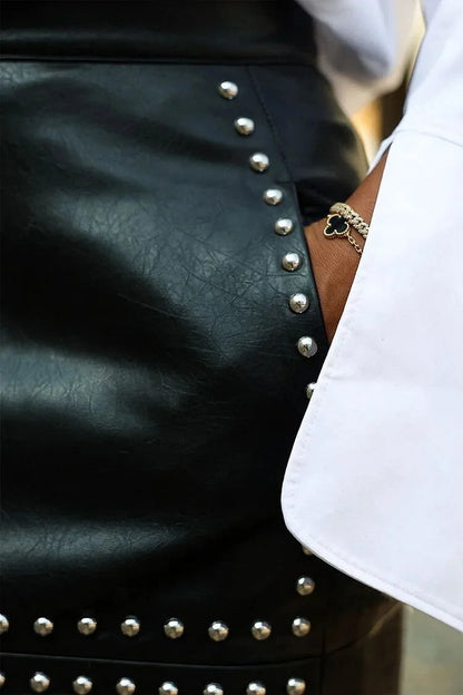 Fashion Women Plus Size Skirt Faux Leather Studded Split High Waist Slim Streetwear Casual Beade.