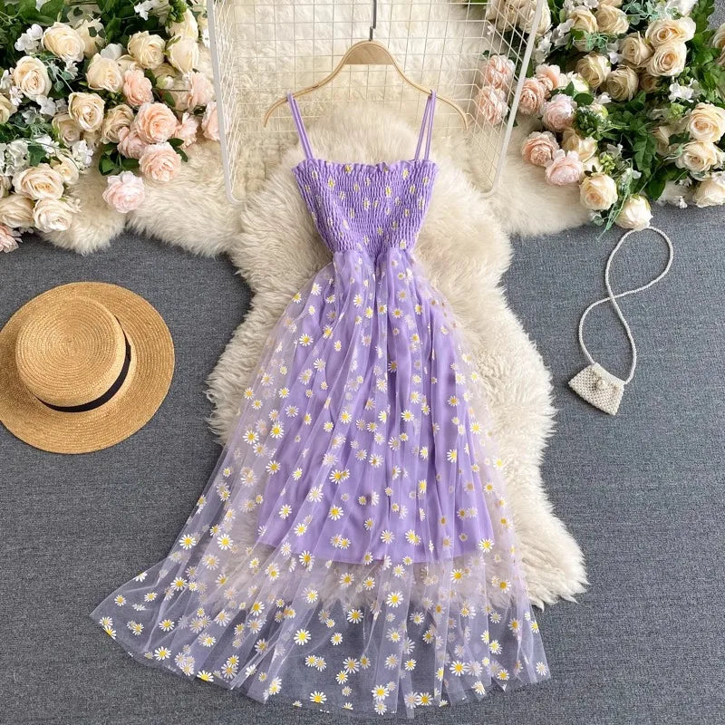 Frauen Kleid 2023 Neue Sommer Mode Fee Mesh Party Kleid Koreanische Pop Floral Print Urlaub Strand Kleid Streetwear Sommerkleid.