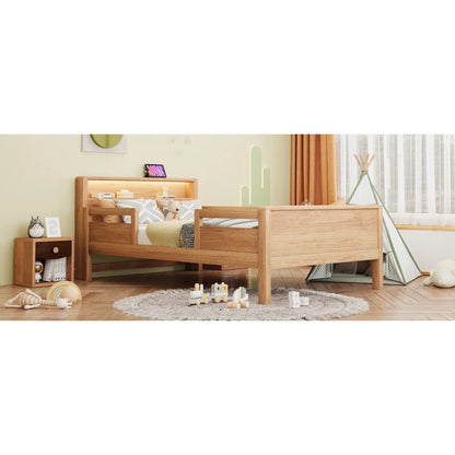 Multifunktions-Holzbett, USB- und Tape-C-Kombinationssteckdose, kleines LED-Licht, Kopfteil mit Einlagerfunktion, Einzelbett